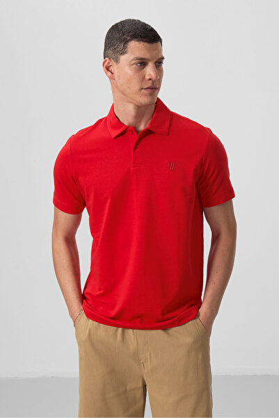 TOMMY LIFE Červené pánské tričko Standard Fit s pólovým límcem - 87768