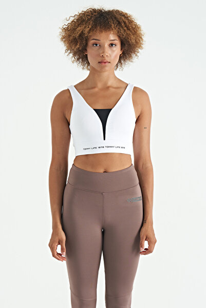 TOMMY LIFE White Text Printed Color Blocked Slim Fit Diving Fabric Women's Bustier - 97271
