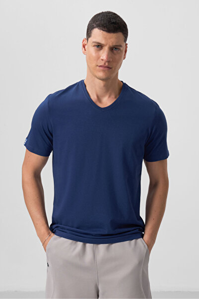 TOMMY LIFE Tricou pentru bărbați Indigo Basic cu mânecă scurtă cu decolteu în V - 87912
