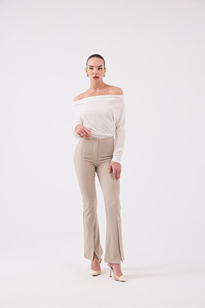 HOLLY LOLLY Front Slit Striped High Waist Algo Trousers Beige