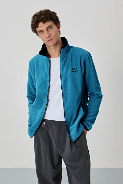 TOMMY LIFE Ανδρικό φούτερ Fleece - Σμαραγδένιο κέντημα, γιακάς και φερμουάρ - 87992