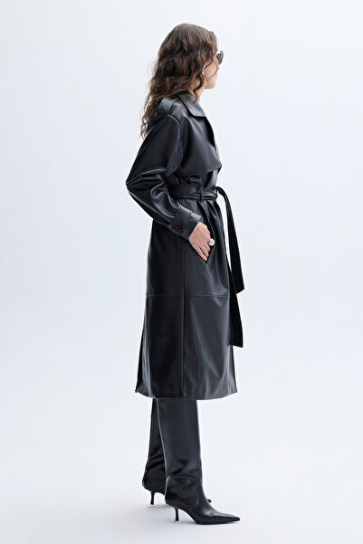 Mudo Leather Look Belted Midi Trench Coat