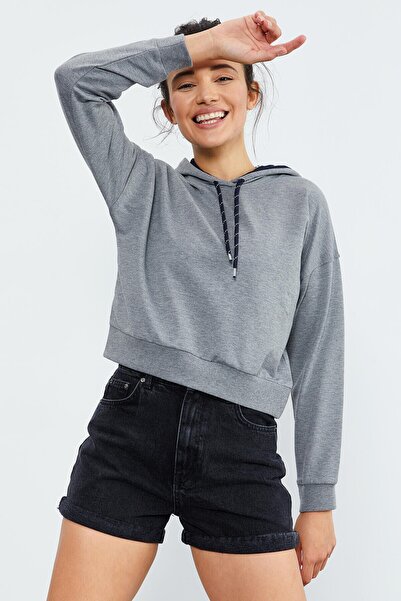 TOMMY LIFE Hanorac pentru femei cu mânecă lungă, gri Melange, cu glugă - 97115