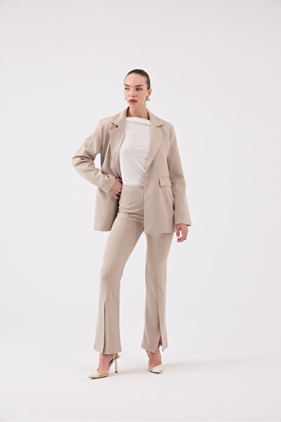 HOLLY LOLLY Front Slit Striped High Waist Algo Trousers Beige