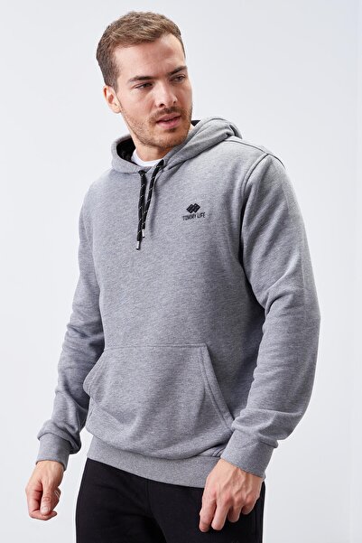 TOMMY LIFE Ανδρικό φούτερ με κουκούλα γκρι Melange Kangaroo Pocket Standard Fit - 87872