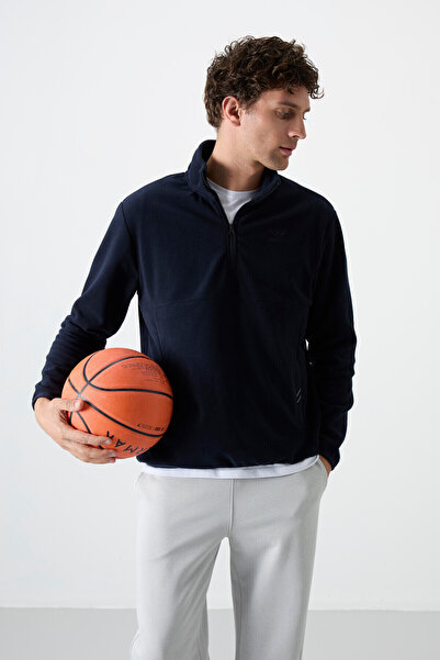 TOMMY LIFE Navy Blue Half Zipper Sweatshirt Slim Fit Stand Collar Men's Fleece - 87891