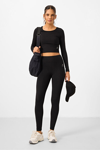 TOMMY LIFE Μαύρο ψηλόμεσο μακρυμάνικο σετ γυναικείο κολάν Crop Top - 95286