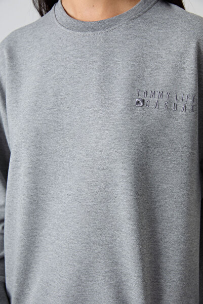 TOMMY LIFE Gray Melange Basic Cotton O-Neck Oversize Rubber Leg Women's Tracksuit Set - 95287