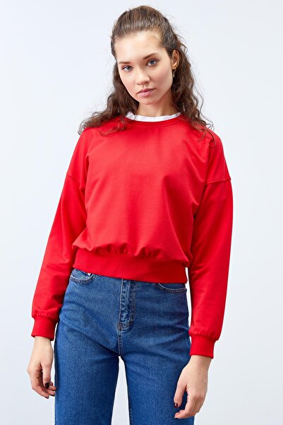 TOMMY LIFE Red Basic Comfortable Form O Neck Women's Sweatshirt - 97114