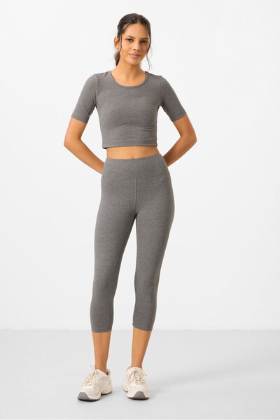 TOMMY LIFE Gray Melange High Waist Capri-Crop T-Shirt Slim Fit Women's Leggings Set - 95285