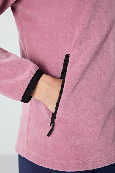 TOMMY LIFE Dried Rose Stand Collar Zippered Comfortable Form Women's Fleece Sweatshirt - 97173