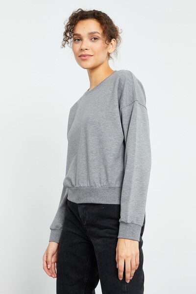 TOMMY LIFE Grey Melange Basic Comfortable Form O Neck Women's Sweatshirt - 97114