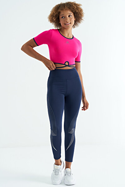 TOMMY LIFE Fuchsia Waist Tie Detailed O Neck Standard Mold Diving Fabric Women's Crop T-Shirt - 97266