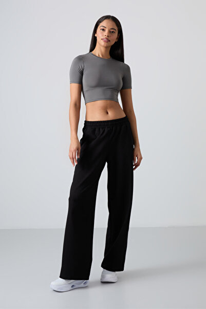 TOMMY LIFE Μαύρη ψηλόμεση τσέπη Άνετη φόρμα με φαρδύ γυναικείο πάτο - 94567