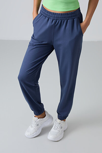 TOMMY LIFE Petrol Cepli Yüksek Bel Rahat Form Lastik Paça Kadın Eşofman Alt - 94583