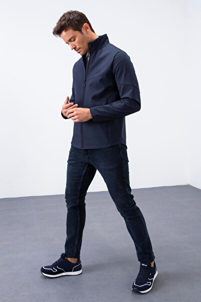 TOMMY LIFE Navy Blue Zippered Stand Collar Water and Windproof Softshell Men's Coat - 88050