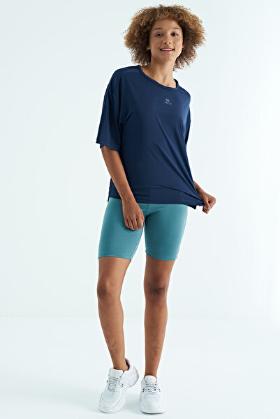 TOMMY LIFE Indigo O-Neck Print Detailed Oversize Short Sleeve Women's T-Shirt - 97263