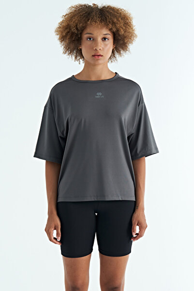TOMMY LIFE Dark Gray O-Neck Print Detailed Oversize Short Sleeve Women's T-Shirt - 97263