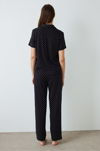 Penti Siyah Puantiye Desenli Gömlek Yaka Kısa Kollu Pamuklu Pijama Takımı