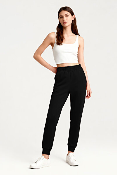 TOMMY LIFE Siyah Yüksek Bel Jogger Rahat Form Manşetli Kadın Eşofman Alt - 94561