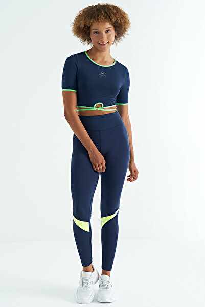 TOMMY LIFE Indigo Waist Tie Detailed O Neck Standard Pattern Diving Fabric Women's Crop T-Shirt - 97266