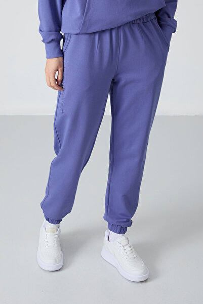 TOMMY LIFE Γυναικεία αθλητική φόρμα λιλά με κουκούλα Kangaroo Pocket Oversize Rubber Leg - 95288
