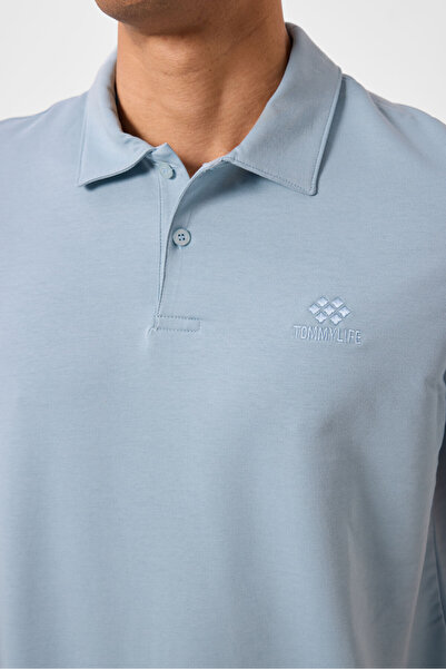 TOMMY LIFE Ice Blue Standard Fit Basic Polo Neck Men's T-Shirt - 87748