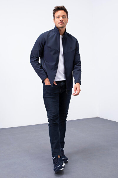 TOMMY LIFE Navy Blue Zippered Stand Collar Water and Windproof Softshell Men's Coat - 88050