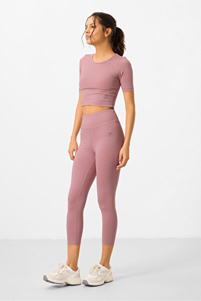TOMMY LIFE Dusty Rose High Waist Capri-Crop T-Shirt Slim Fit Women's Leggings Set - 95285
