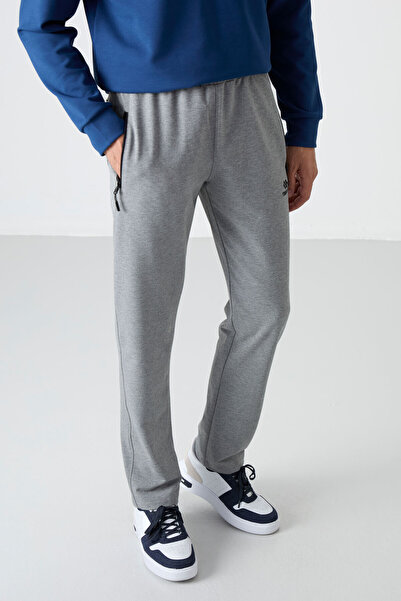TOMMY LIFE Gray Melange Men's Sweatpants - Zippered, Three Pockets, Skinny Fit, Classic Leg - 84671