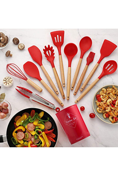 OEM Set of 12 kitchen utensils Wood/Silicone Red