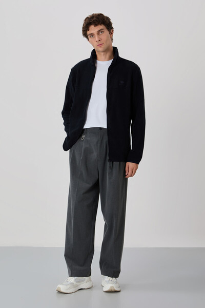 TOMMY LIFE Černý text vyšívaný stojáček límec na zip standardní velikost pánská mikina fleece - 87992