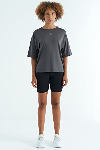 TOMMY LIFE Dark Gray O-Neck Print Detailed Oversize Short Sleeve Women's T-Shirt - 97263