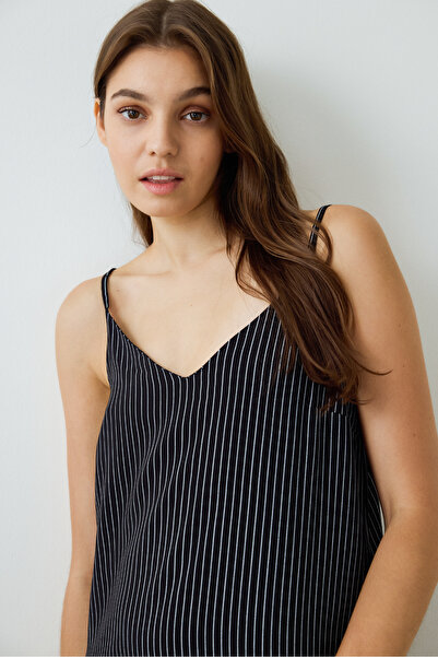Penti Black Striped V-Neck Adjustable Strap Nightgown