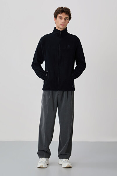 TOMMY LIFE Ανδρικό φούτερ από φλις μπλουζάκι με κεντητό γαλάζιο χρώμα - γιακά και φερμουάρ - 87992