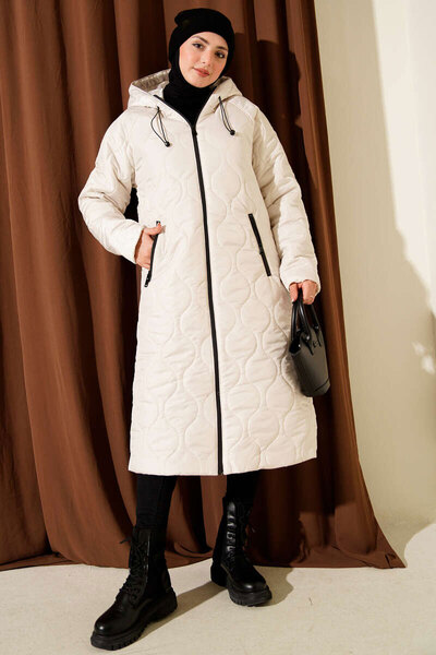 Bigdart 5177 Langer Steppmantel mit Kapuze – Ecru