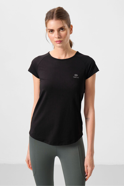 TOMMY LIFE Μαύρο γυναικείο μπλουζάκι με κοντό μανίκι με παράθυρο στην πλάτη - 97101