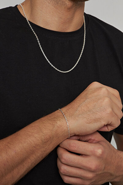 Ventino Silver 3mm Forse 925 Ayar Gümüş Erkek Zincir Kolye Bileklik Set Ves-8...