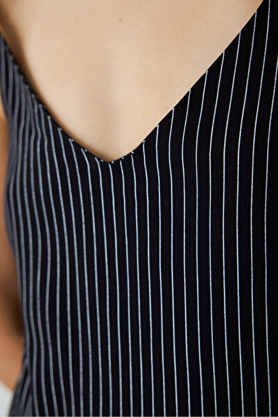 Penti Black Striped V-Neck Adjustable Strap Nightgown