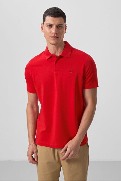 TOMMY LIFE Červené pánské tričko Standard Fit s pólovým límcem - 87768