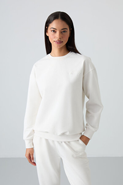 TOMMY LIFE Ecru Cotton O Neck Oversize Women's Tracksuit Set - Rubber Leg - 95287