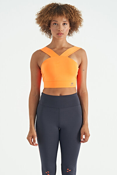 TOMMY LIFE Neon Turuncu Logo Baskılı Dar Kalıp Dalgıç Kumaş Kadın Büstiyer - ...