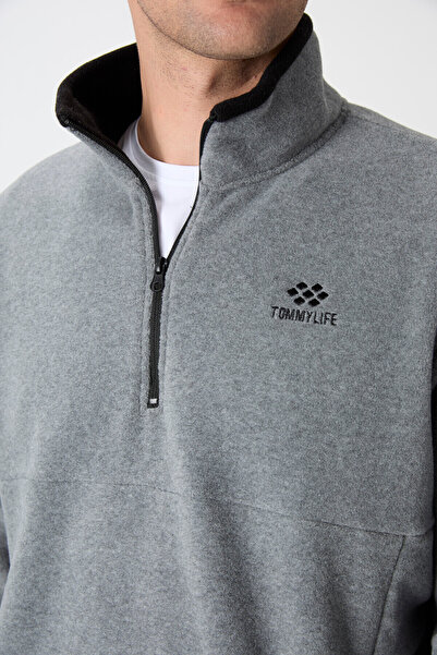 TOMMY LIFE Men's Polar Gray Melange - Half Zipper, Stand Collar, Slim Fit Sweatshirt - 87891