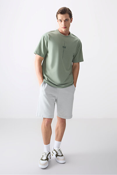 AIR JONES Ανοιχτό πράσινο βαμβακερό παχύ ανδρικό μπλουζάκι με μαλακή υφή εμπριμέ ανδρικό μπλουζάκι - 88373