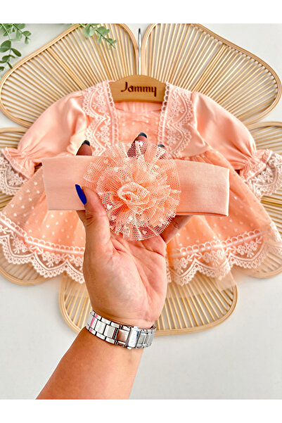 Jammybaby Carmen Elbise %100 Pamuk Penye Tül Dantelli Yenidoğan Kız Bebek Mevlüt ve Özel Gün Bandanalı Takım