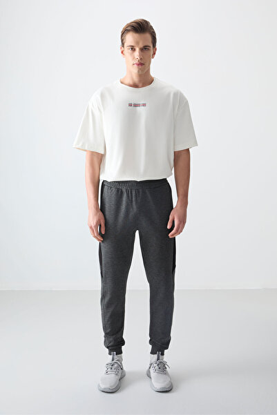 AIR JONES Anthracite Melange Surface Textured Standard Fit Embroidered Men's Tracksuit Bottom - 82126