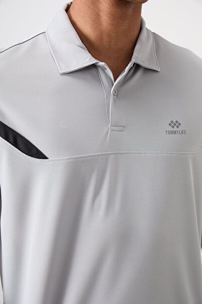 TOMMY LIFE Γκρι αναπνεύσιμο ανδρικό μπλουζάκι με λεπτή ελαστική τυπική εφαρμογή Polo Collar - 88402