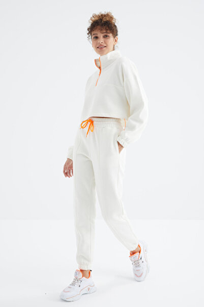 TOMMY LIFE Ecru Off-Shoulder Waist Gathered Half-Length Zippered Oversized γυναικεία φόρμα - 95321