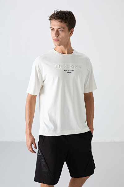 TOMMY LIFE Ecru Cotton Thick Soft Textured Oversize Fit Printed Men's T-Shirt - 88328