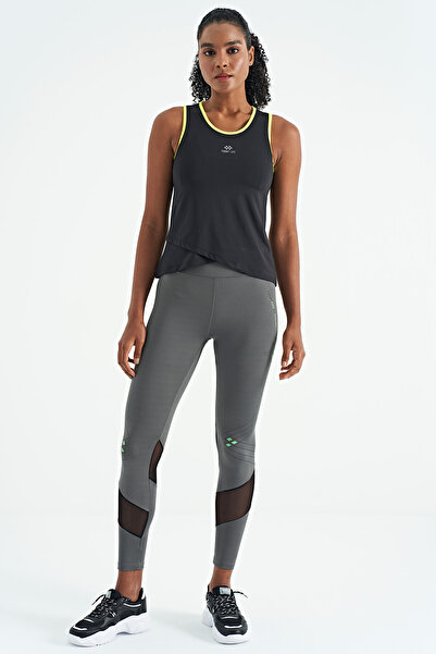 TOMMY LIFE Black Logo Printed Standard Fit Women's Sports Undershirt with Bias Stripes - 97255